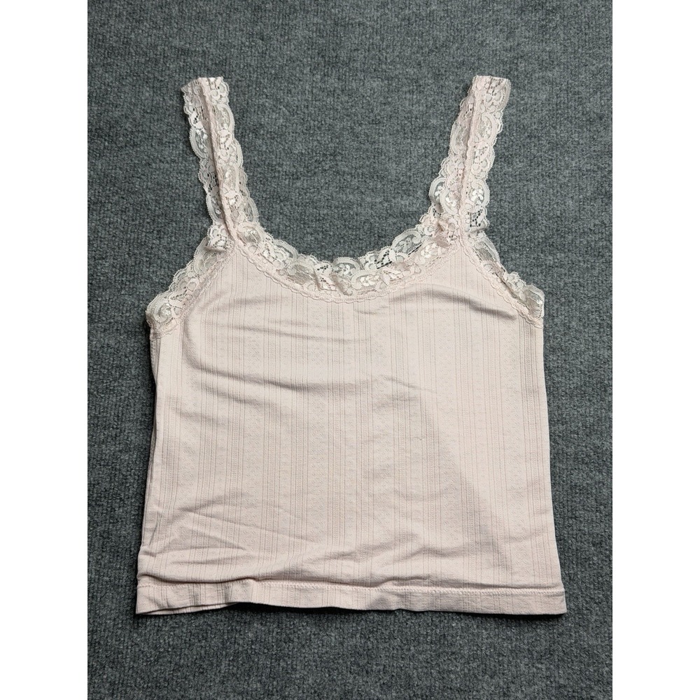 Y2K Wild Skye Women XL Light Pink Ribbed Lace Trim Camisole Tank Crop Top